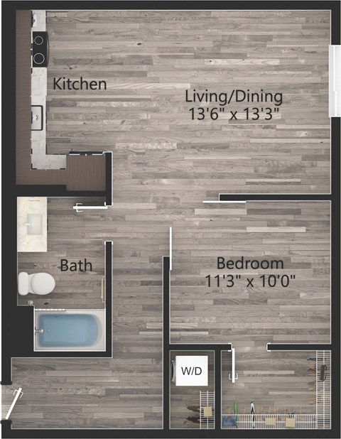 Floor plan for 1 bed, 1 bath, 720 sqft